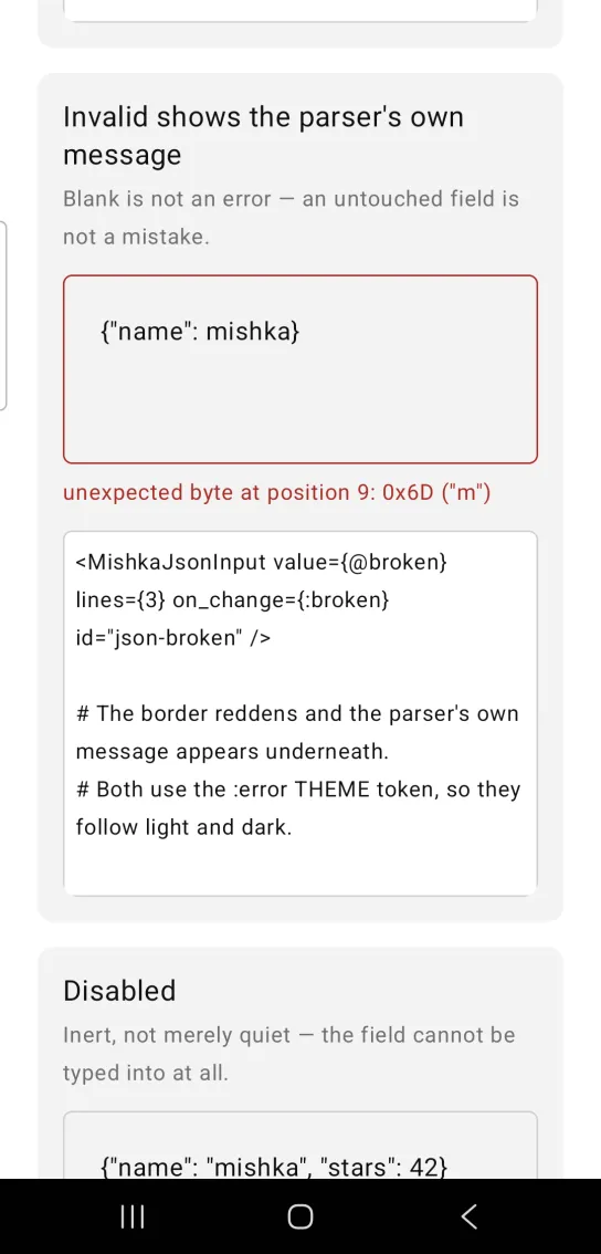 JSON input example card titled Invalid shows the parser's own message, with a red bordered box holding broken JSON and a red error about byte position 9