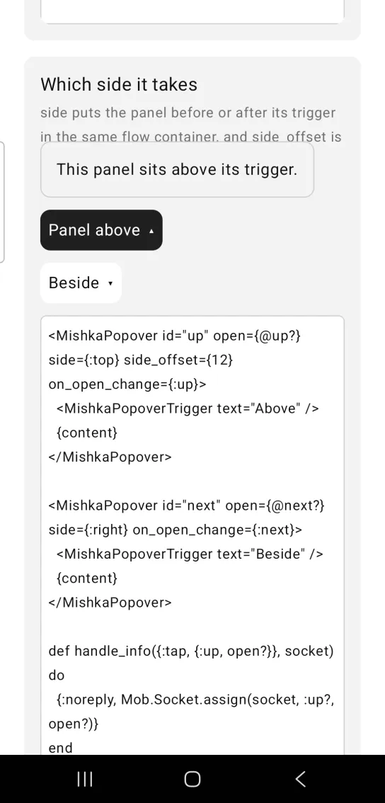 A popover panel sitting above the Panel above trigger.