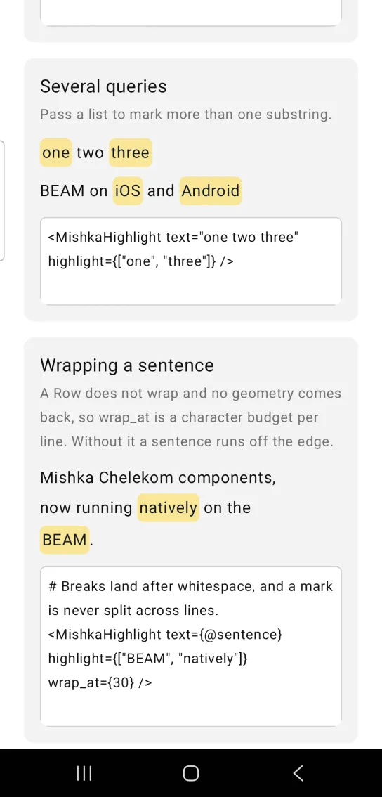 Highlight example card titled Several queries, with one two three marking one and three, and BEAM on iOS and Android marking iOS and Android