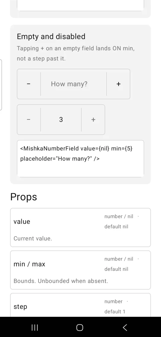 Empty and disabled card with an empty number field showing the placeholder How many? on one line, above a disabled field showing 3, in the MishkaMob showcase app on Android