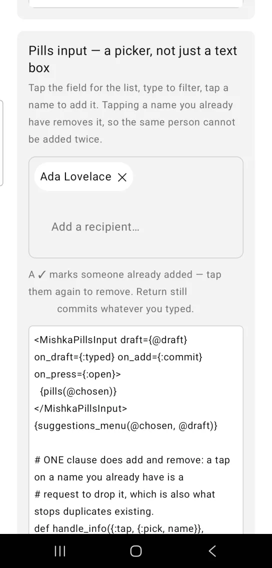 Pills input card with a bordered field holding an Ada Lovelace pill above the placeholder Add a recipient, with no suggestions open, in the MishkaMob showcase app on Android