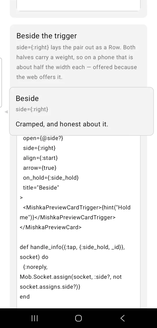A wide preview card titled Beside, open over its Hold me trigger.