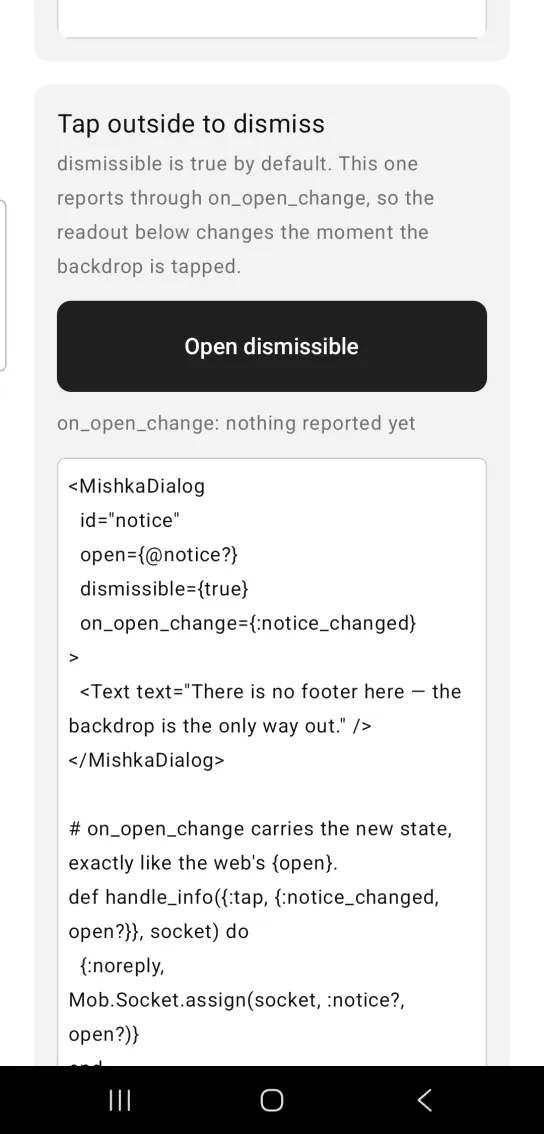 Dialog example card titled Tap outside to dismiss, with a dark Open dismissible button, the text on_open_change: nothing reported yet, and the example code below