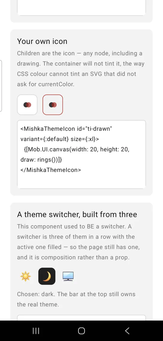 Your own icon card: two extra large theme icons holding a drawing of two overlapping circles, one on a white box and one with a red outline