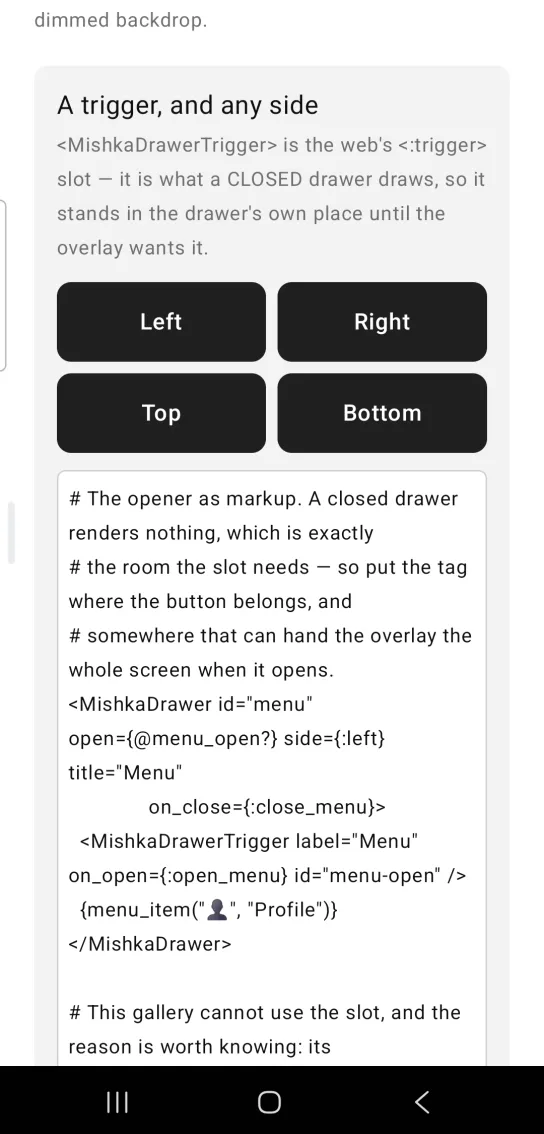 Drawer example card titled A trigger, and any side, with four dark buttons labeled Left, Right, Top and Bottom in a two by two grid, and the example code below