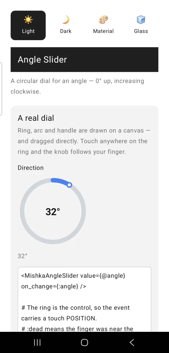 Card titled A real dial, with a Direction angle slider ring, a short blue arc and round handle near the top right, and 32° in the center and again below
