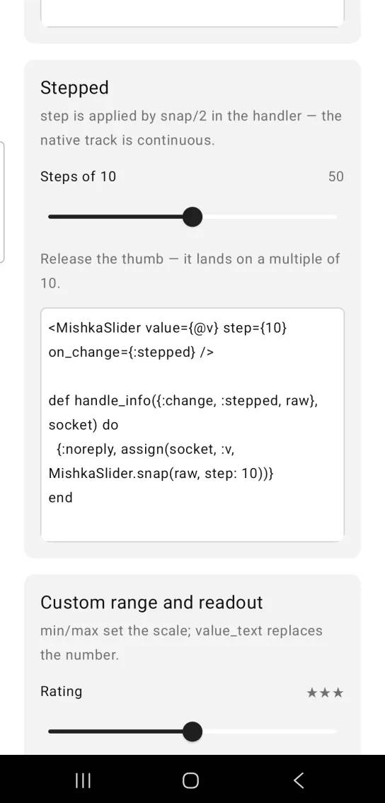 Stepped card: a slider labeled Steps of 10 with the readout 50 and the thumb at the middle, then a gray note about landing on a multiple of 10
