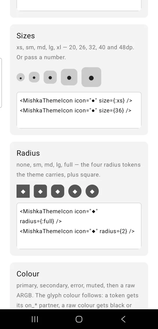 Sizes card: five light gray theme icons with a dot glyph, growing from extra small on the left to extra large on the right
