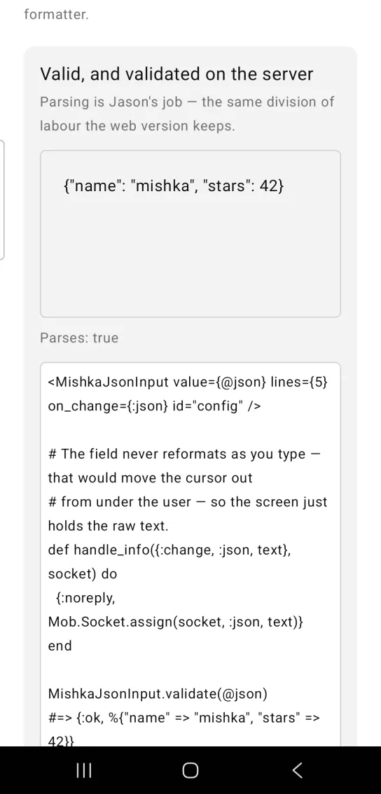 JSON input example card titled Valid, and validated on the server, with a five row box holding an object with keys name and stars, and the text Parses: true