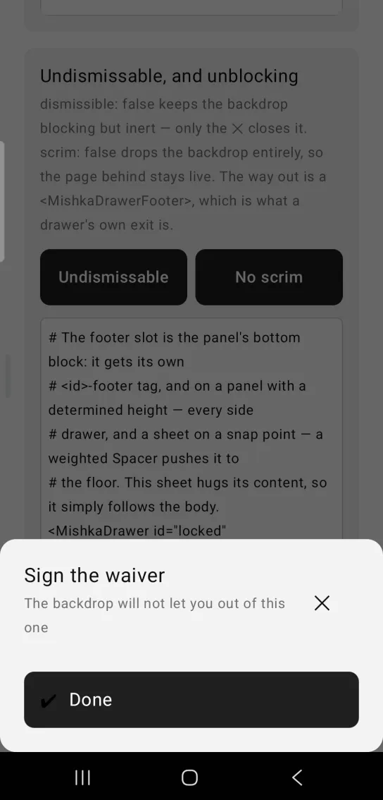 A bottom sheet titled Sign the waiver with a blue Done button in its footer, over a dimmed page.