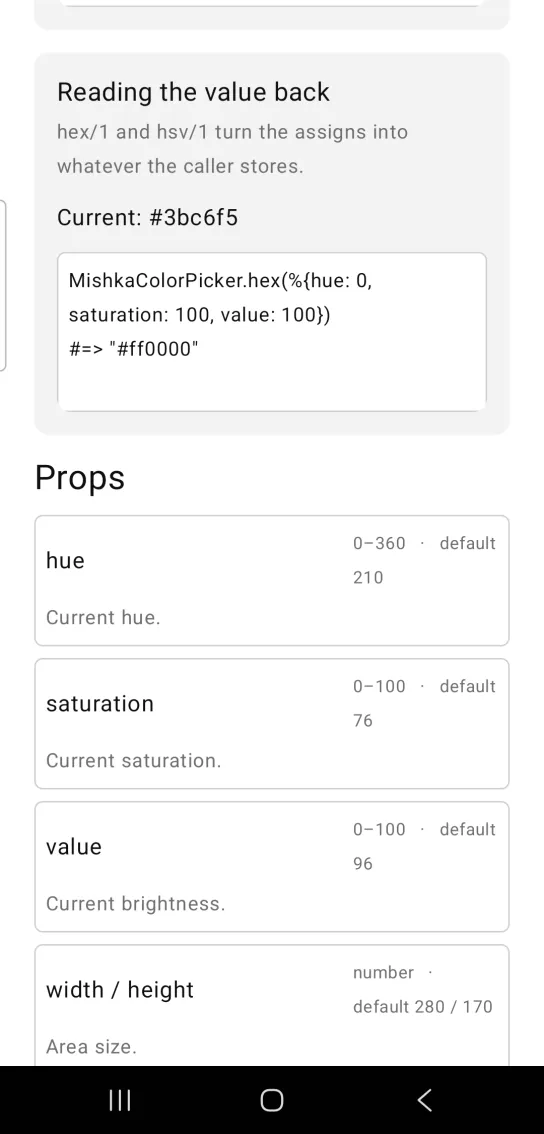Card titled Reading the value back, showing the single line Current: #3bc6f5, in the MishkaMob showcase app on Android