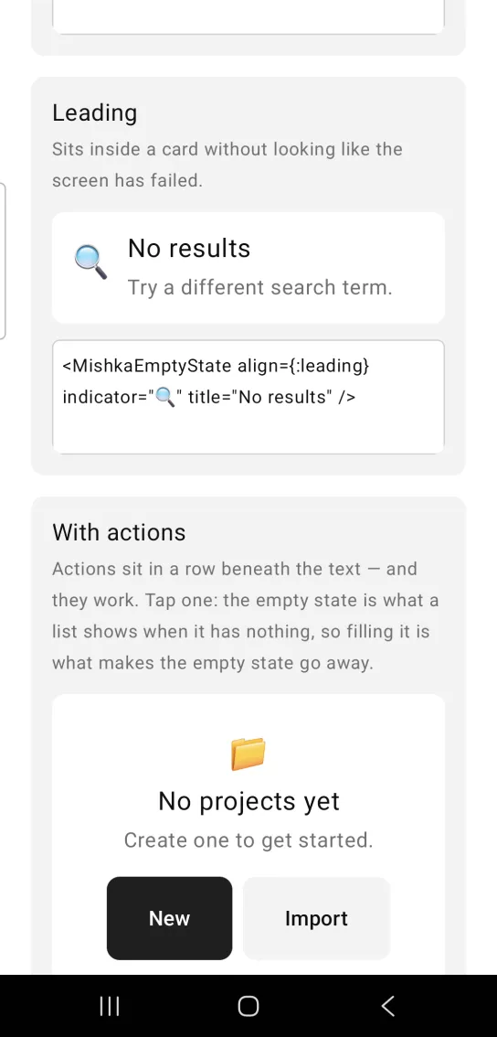 Empty state example card titled Leading, with a magnifying glass emoji beside the heading No results and the text Try a different search term, in a white panel