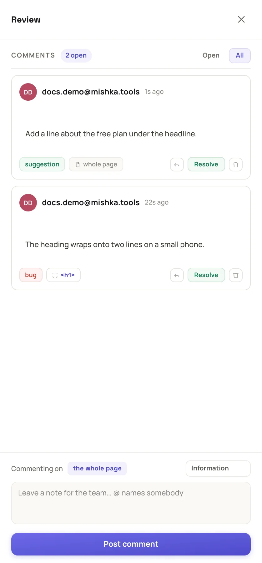 the Review panel with two notes, one of them a Bug anchored to an h1, and the composer with Post comment below