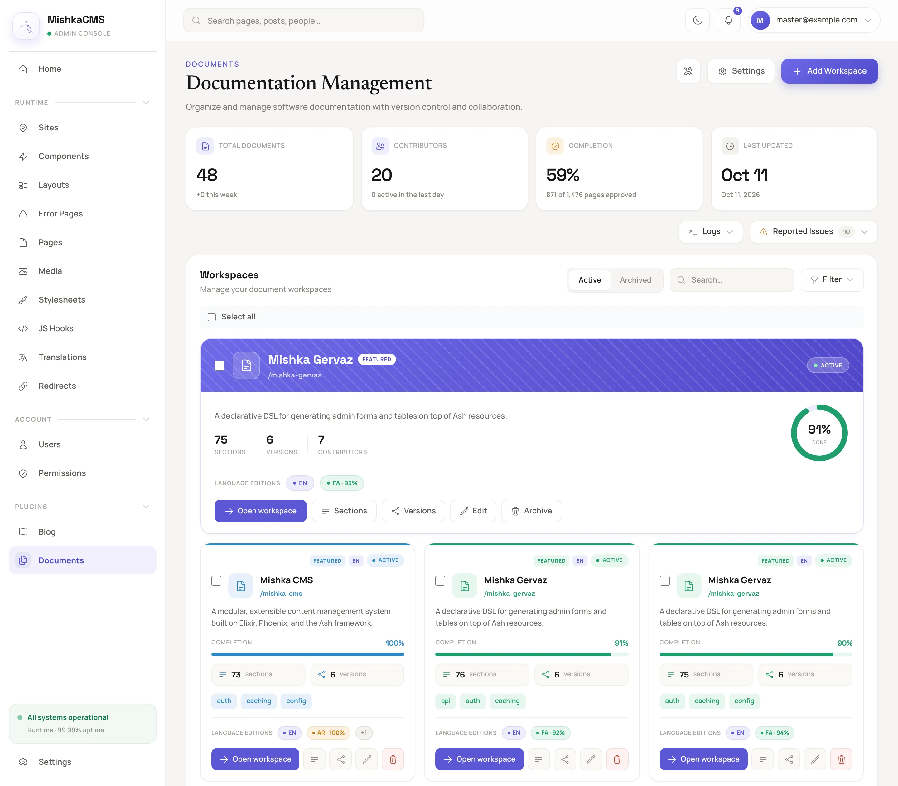the Documents dashboard with its key figures, a featured workspace with its completion ring, and workspace cards with their completion bars and language editions