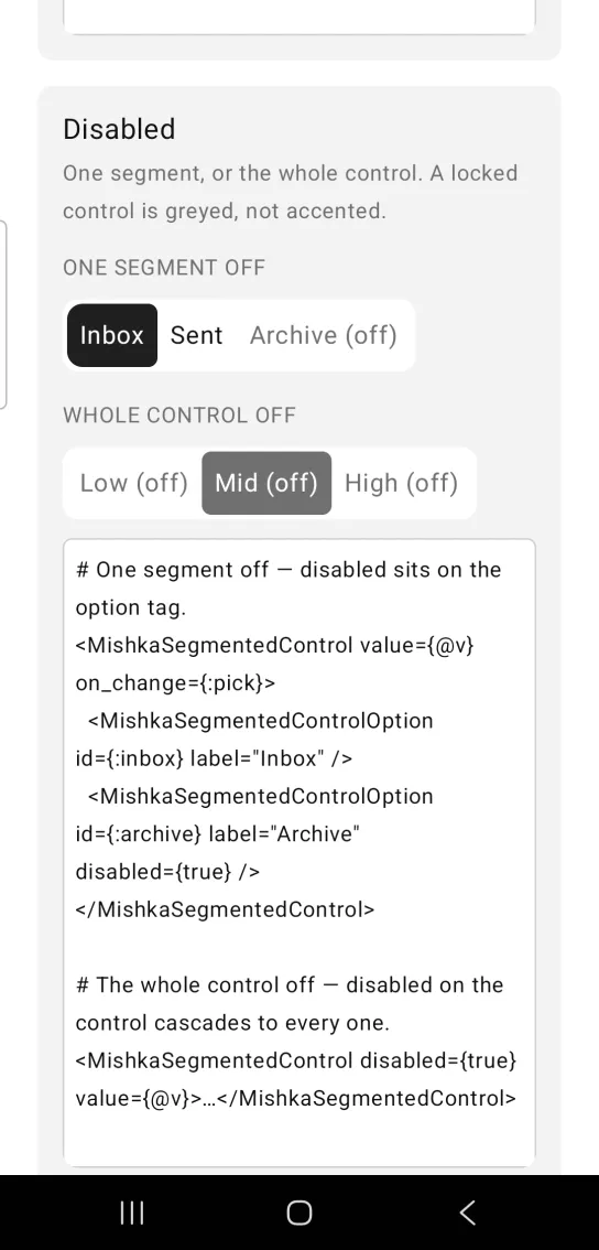 Disabled card with two segmented controls, ONE SEGMENT OFF with a muted Archive (off) and WHOLE CONTROL OFF with all segments muted and Mid (off) selected