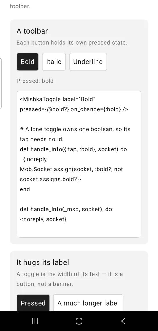A toolbar card: three toggle buttons, Bold pressed in black and Italic and Underline outlined, with the gray text Pressed: bold below them, in the MishkaMob showcase app on Android