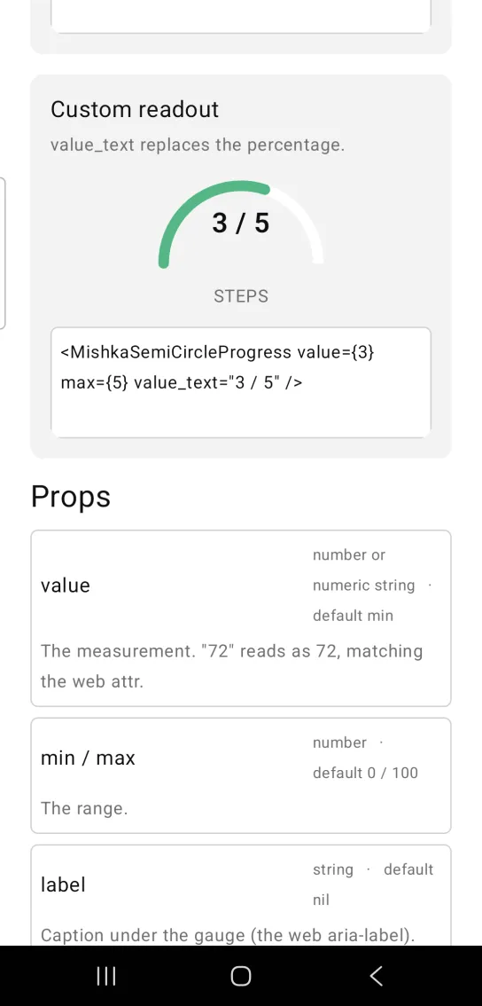 Custom readout card with a green half circle arc filled to 60%, the readout 3 / 5 and the caption STEPS, in the MishkaMob showcase app on Android