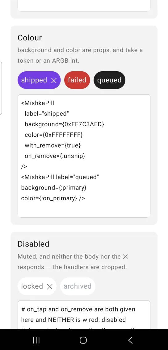 Colour card with three pills in a row: shipped in violet with a remove mark, failed in red and queued in near black, in the MishkaMob showcase app on Android