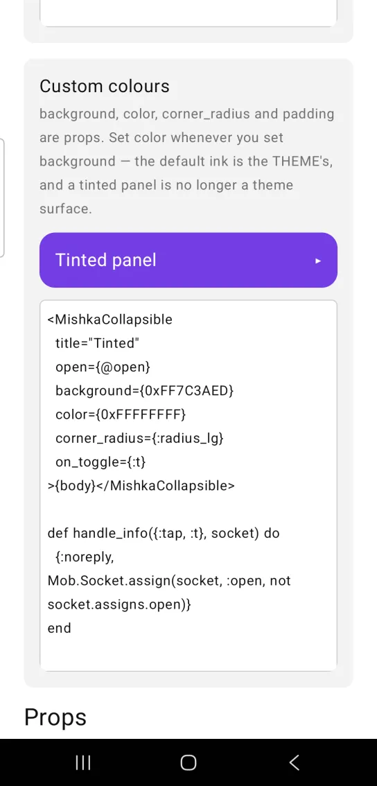 Card titled Custom colours, with a closed violet rounded row titled Tinted panel in white text and a right-pointing arrow, in the MishkaMob showcase app on Android