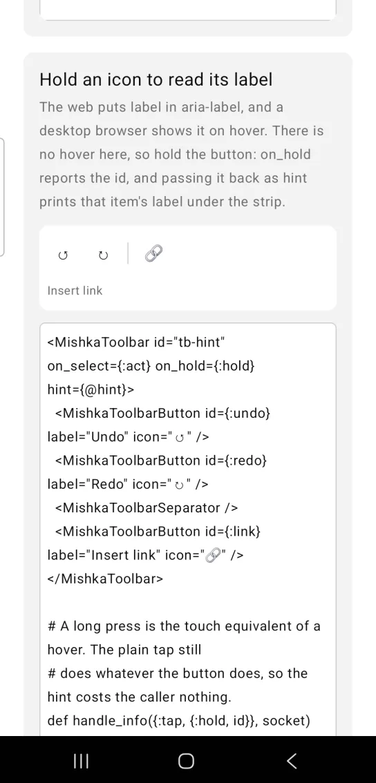 A toolbar strip with undo, redo and link icon buttons and the label Insert link printed underneath.