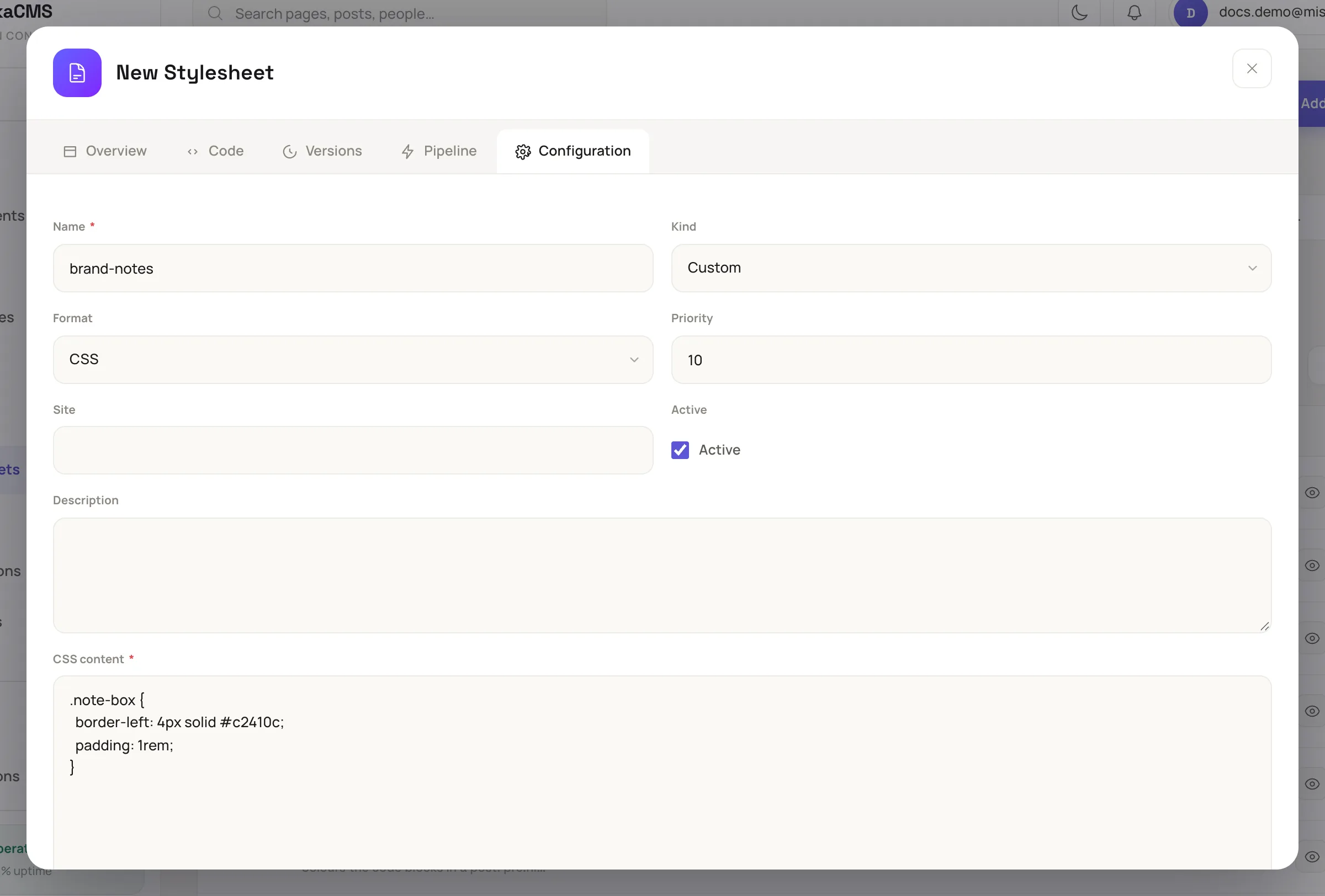 the New Stylesheet window with Name brand-notes, Kind Custom, Priority 10 and a short rule in CSS content