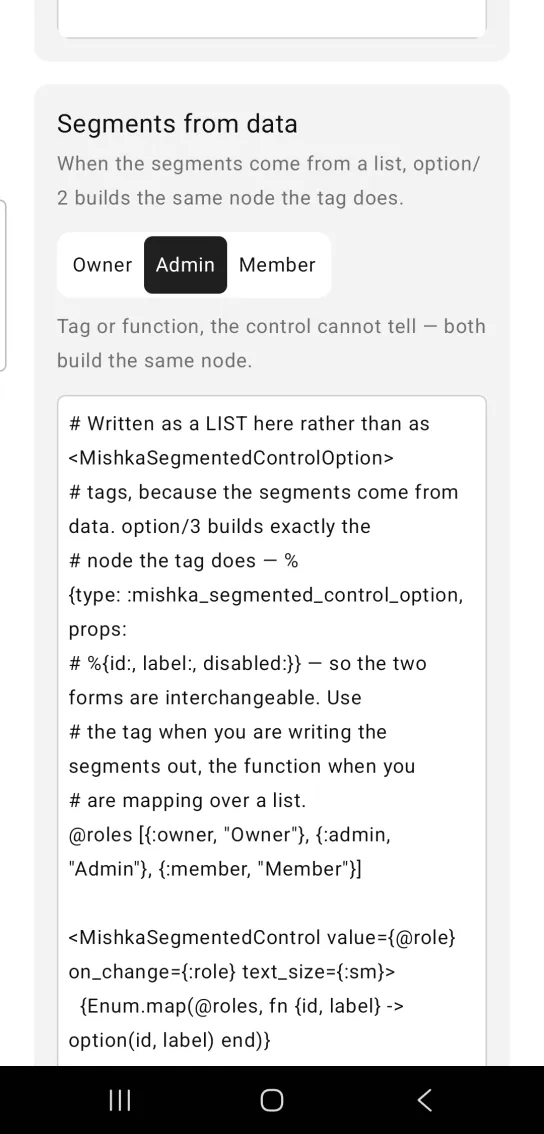Segments from data card with a compact segmented control of Owner, Admin and Member, Admin selected, above a gray note that the control cannot tell tag from function