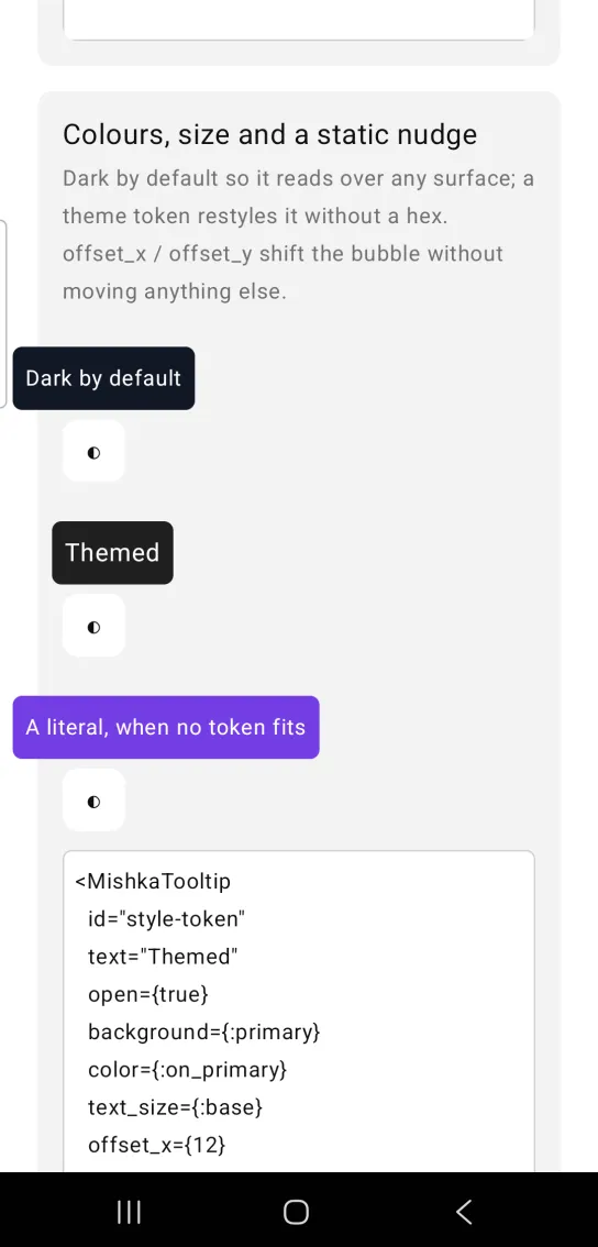 Colours, size and a static nudge card: dark, near black and violet hint bubbles reading Dark by default, Themed and A literal, when no token fits, each above its own icon button
