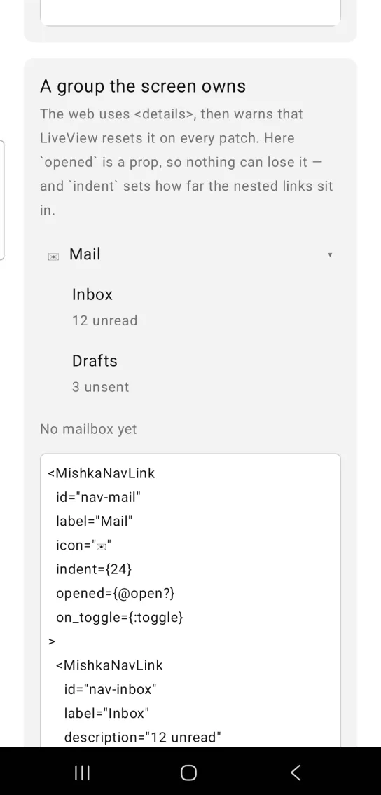 A Mail group expanded with the indented links Inbox, 12 unread, and Drafts, 3 unsent.