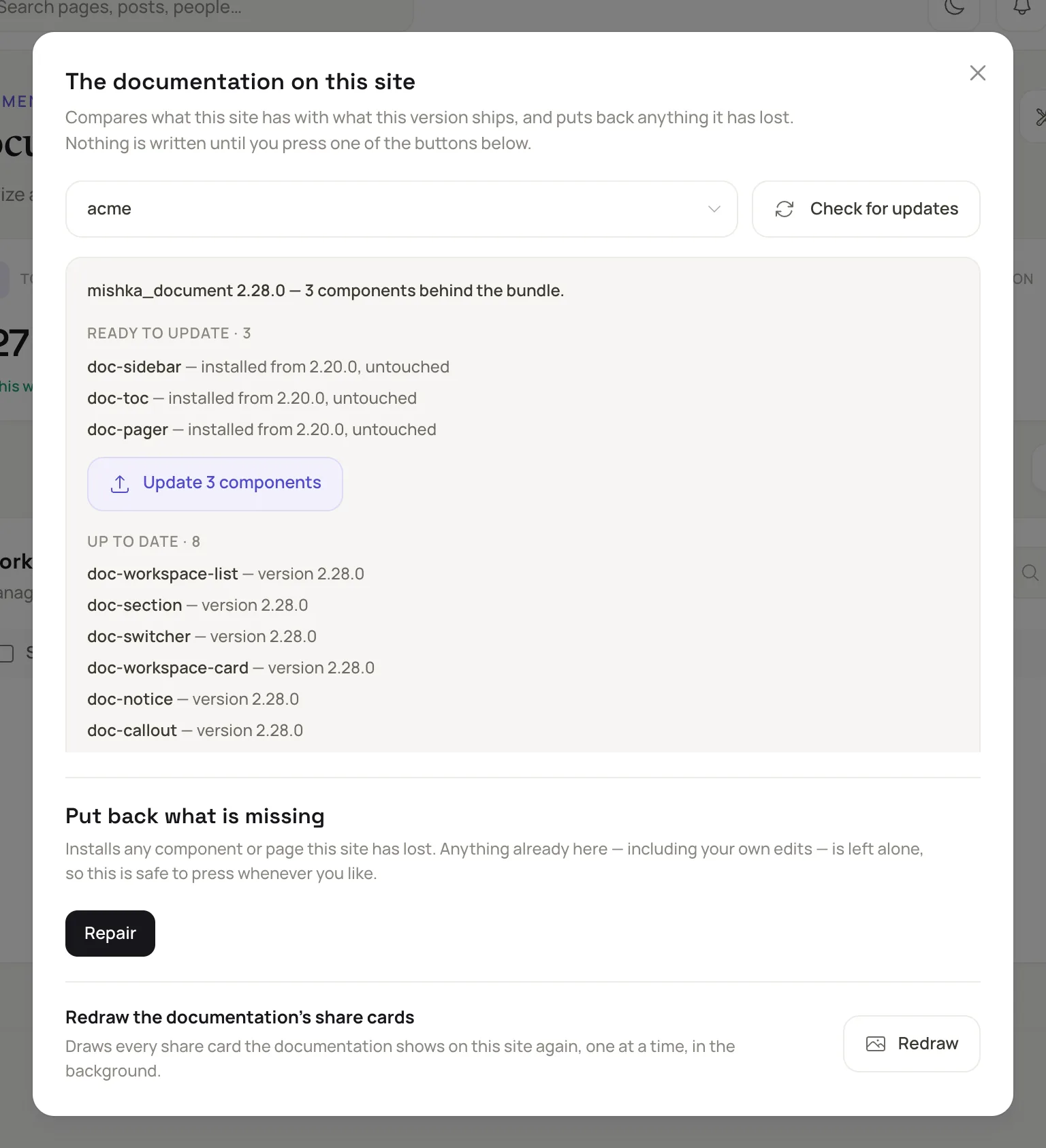 the The documentation on this site dialog after Check for updates, with the Ready to update group and its update button