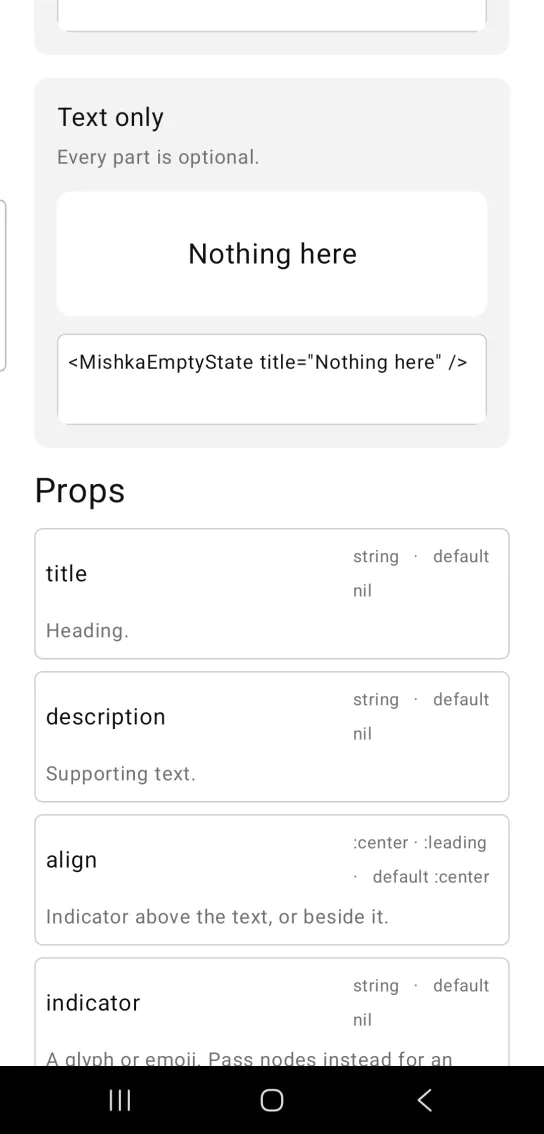 Empty state example card titled Text only, with just the heading Nothing here in a white panel, in the MishkaMob showcase app on Android