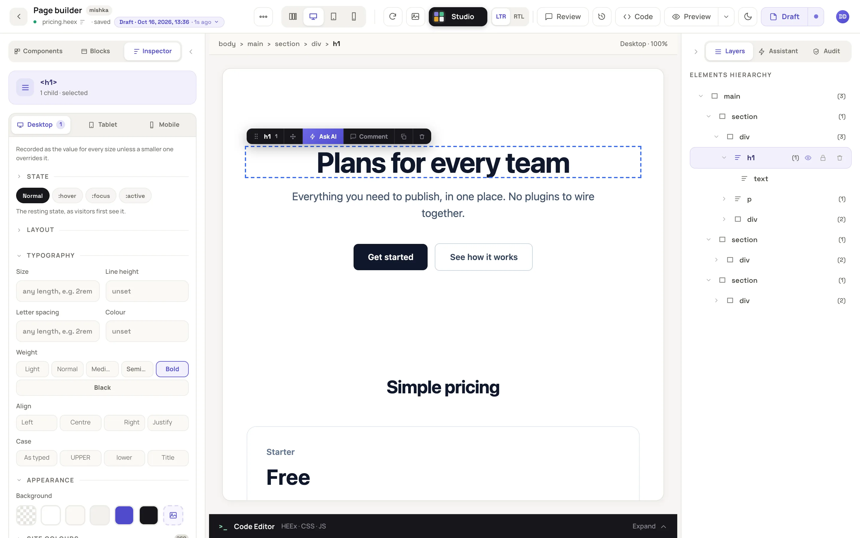 the Hero headline selected on the canvas, the element toolbar above it, and the Inspector tab open with its settings sections including Appearance