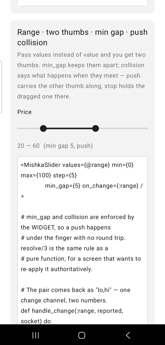 Range card with two thumbs: a Price slider with thumbs at 20 and 60 and the gray line 20 to 60 with min gap 5 and push below it