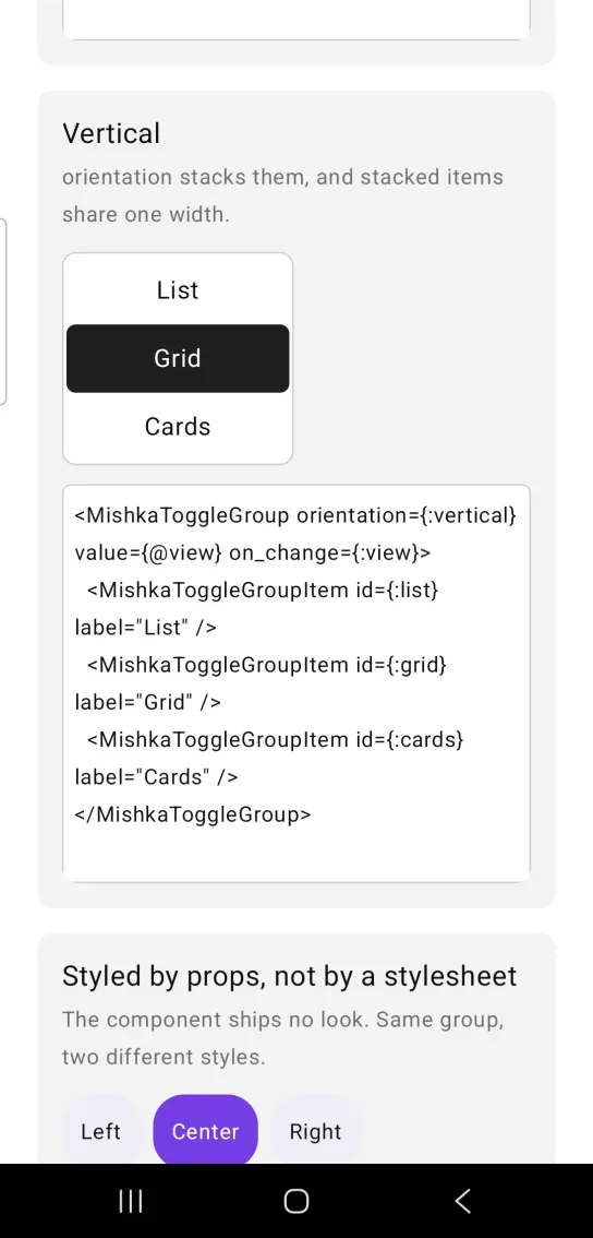 Vertical card: a stacked group of three toggle buttons, List, Grid and Cards, with Grid pressed in black, in the MishkaMob showcase app on Android