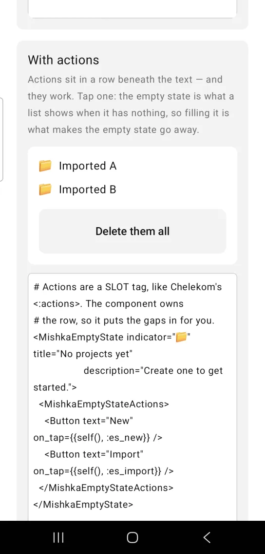 A card listing the projects Imported A and Imported B with a Delete them all button underneath.