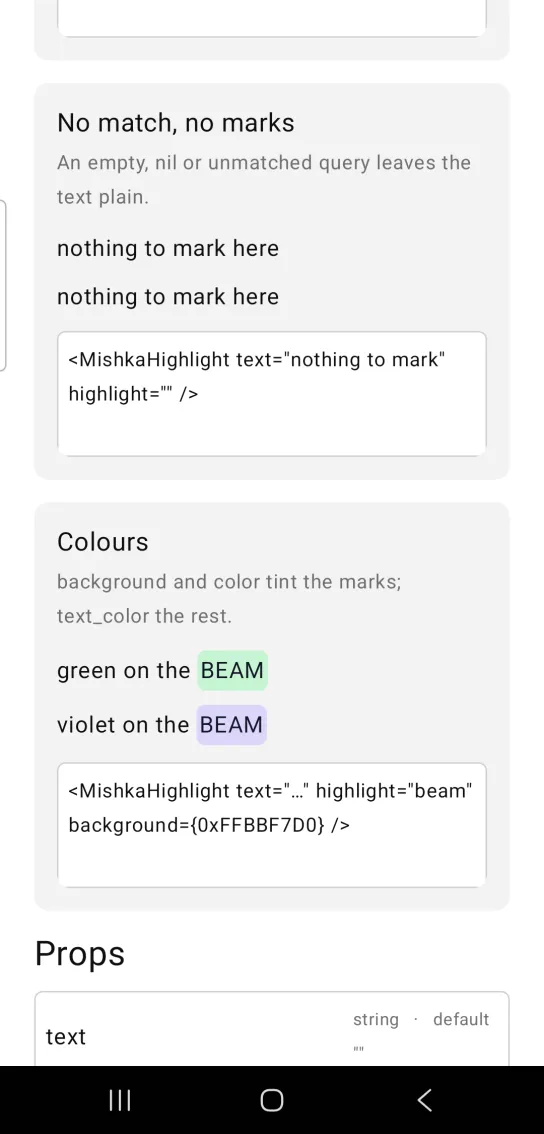 Highlight example card titled No match, no marks, with two lines reading nothing to mark here and no highlighted words, in the MishkaMob showcase app on Android