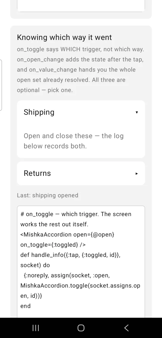 An accordion with Shipping expanded and a small log line below reading Last: shipping opened.