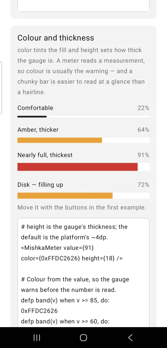 Meter example card titled Colour and thickness, with four gauges: thin dark Comfortable at 22%, orange Amber at 64%, thick red Nearly full at 91% and orange Disk at 72%