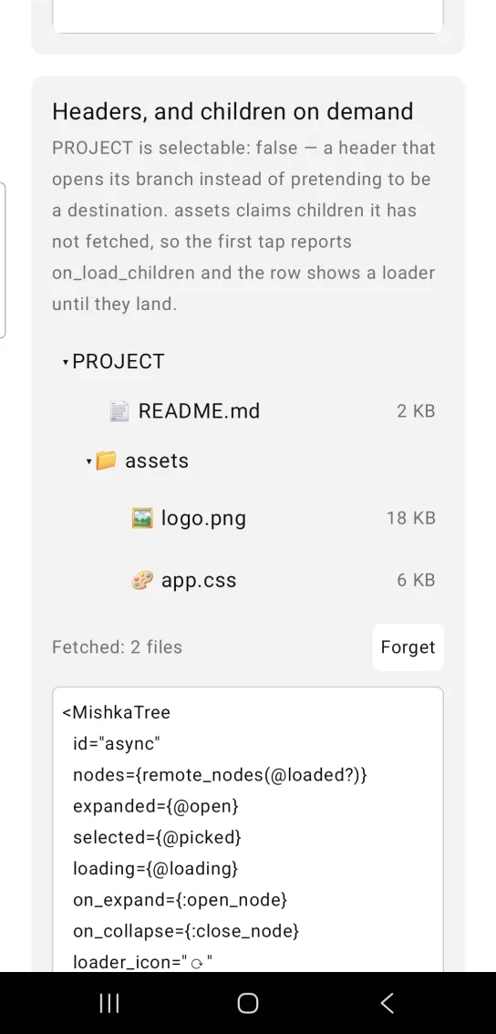 A tree with PROJECT open, README.md and an expanded assets folder holding logo.png and app.css, and the line Fetched: 2 files.