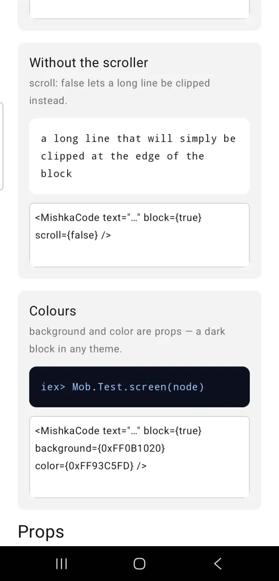 Card titled Without the scroller, with one white code block holding the monospace text a long line that will simply be clipped, wrapped over three lines