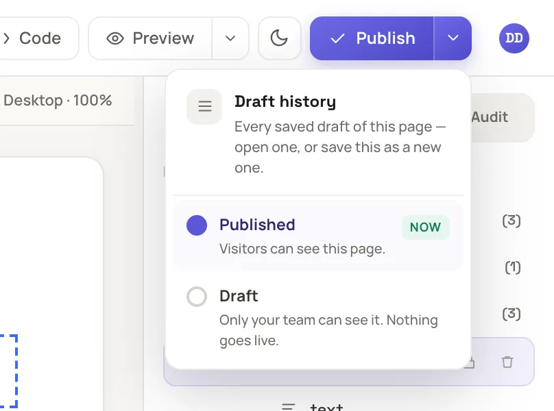 the stage menu open at the top right, with Published selected and the button beside it reading Publish