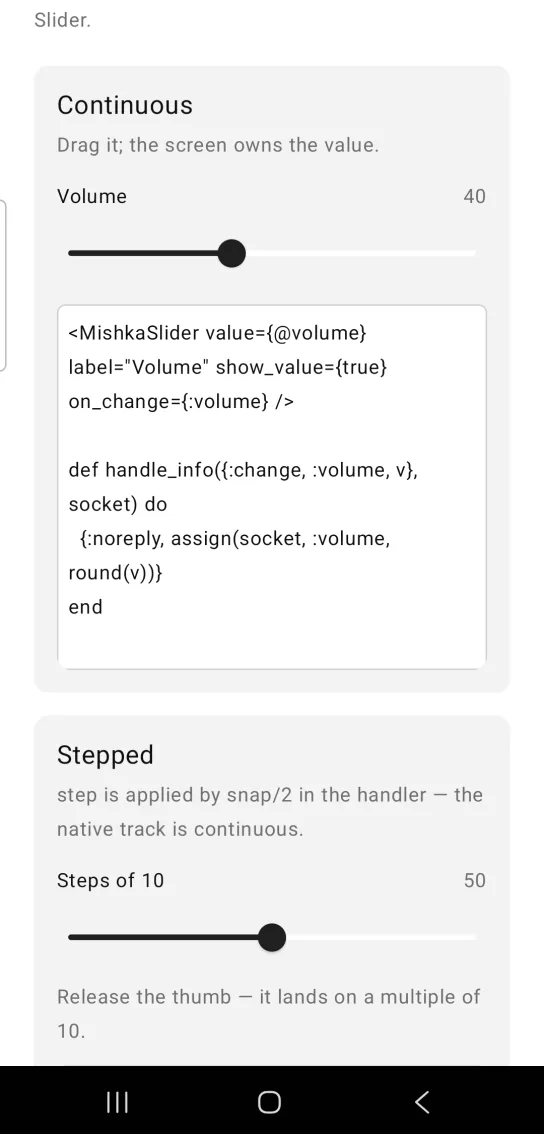 Continuous card: a slider labeled Volume with the readout 40 on the right and the thumb about two fifths along the track, in the MishkaMob showcase app on Android