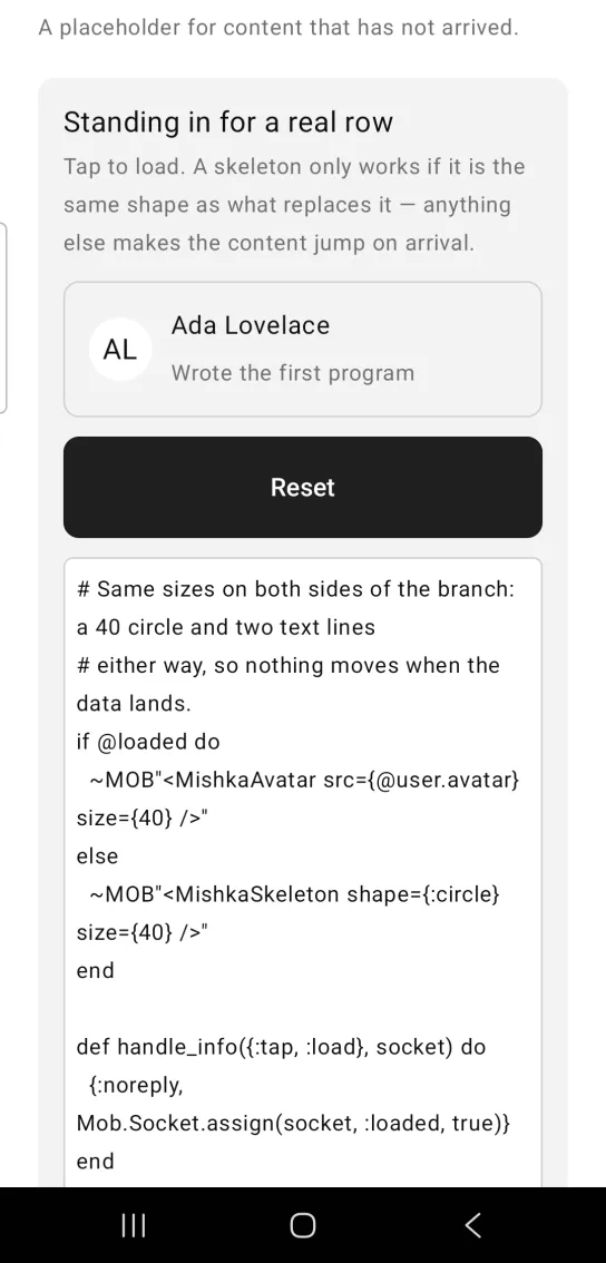 A bordered card showing a loaded row with an AL avatar, the name Ada Lovelace and the line Wrote the first program where gray placeholder bars were, above a Reset button.