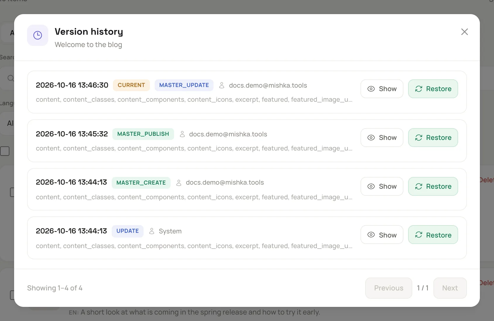 the Version history window with the newest entry marked Current, and the Show and Restore buttons on each entry