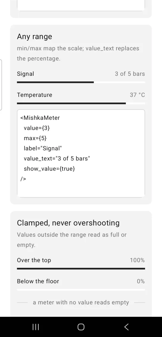 Meter example card titled Any range, with a Signal gauge reading 3 of 5 bars filled to 60% and a Temperature gauge reading 37 °C filled to about 85%
