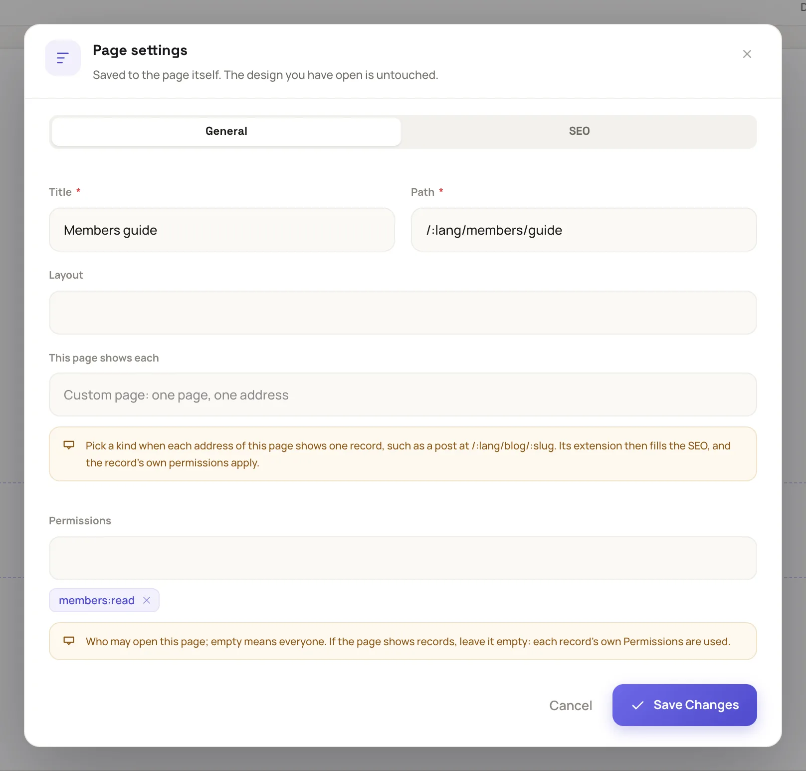 the Page settings dialog on the General tab, with members:read picked in the Permissions field and the help text under it