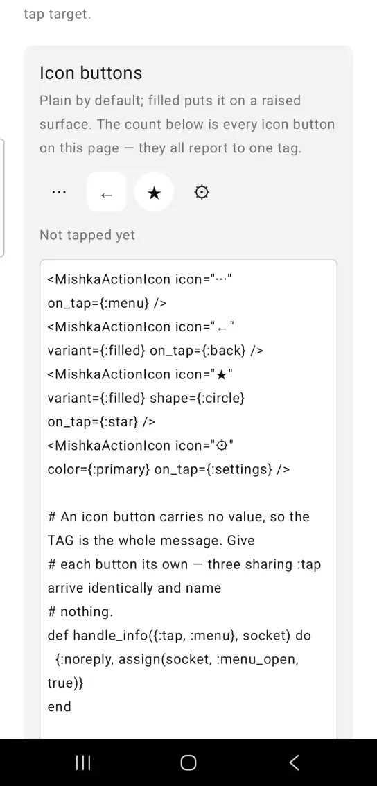 Card titled Icon buttons, with four buttons: three dots, a back arrow on a square, a star in a circle and a gear, above Not tapped yet