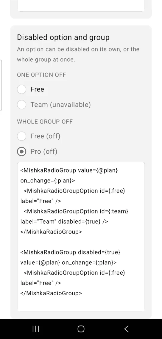 Disabled option and group card with two radio groups, one with a muted Team (unavailable) and one fully muted with Pro (off) selected