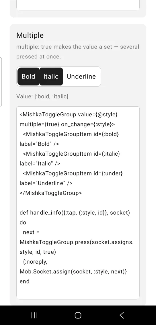 Multiple card: a joined bar of toggle buttons Bold, Italic and Underline with Bold and Italic pressed in black, and a gray value readout below listing bold and italic
