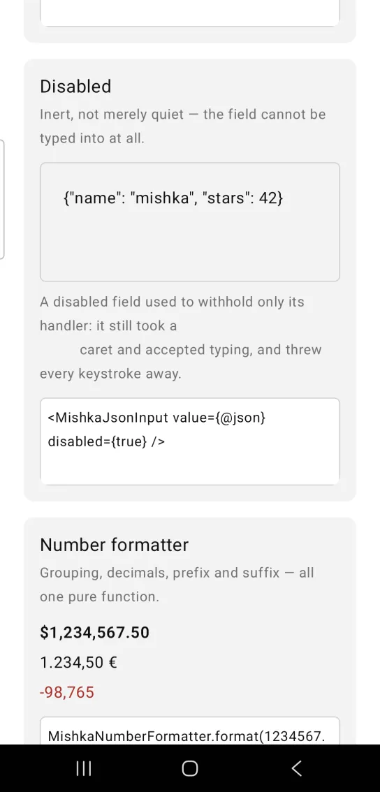 JSON input example card titled Disabled, with a gray three row box holding an object with keys name and stars, and a note about disabled fields