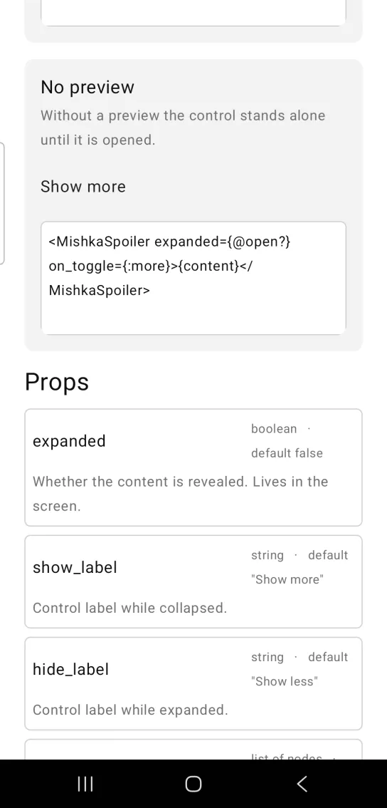 No preview card: a collapsed spoiler with no preview text, showing only the default Show more control, in the MishkaMob showcase app on Android